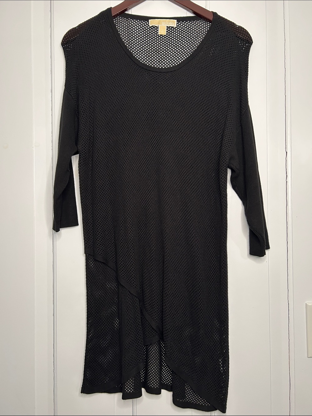 Michael Kors Black asymmetrical front Open-Knit Mesh Top dress swimwear cover